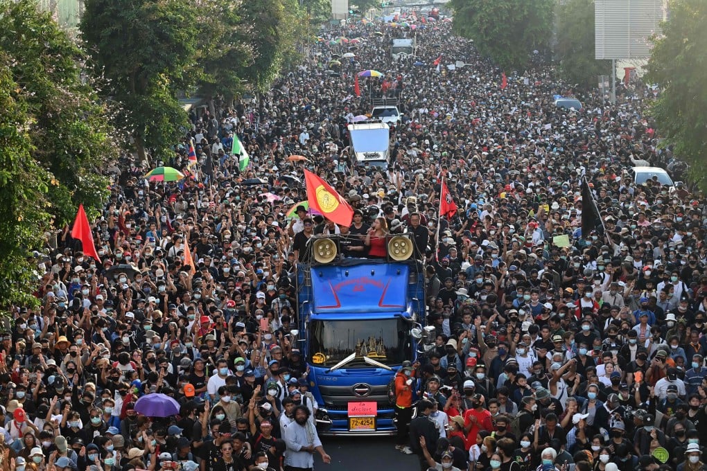 An anti-government rally engulfed central Bangkok on Wednesday, just before the arrival of China’s foreign minister, Wang Yi, for a meeting Thursday with Thai Prime Minister Prayuth Chan-ocha. Photo: AFP