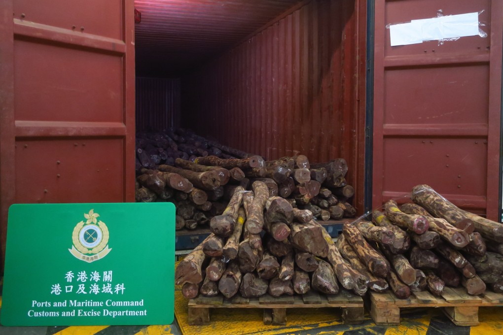 A haul of nearly 10 tonnes of endangered red sandalwood was seized by Hong Kong customs on Thursday. Photo: Handout