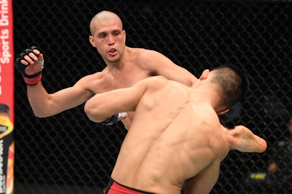 Brian Ortega kicks ‘The Korean Zombie’ Jung Chan-sung in their featherweight bout during the UFC Fight Night event inside Flash Forum on UFC Fight Island on October 18, 2020 in Abu Dhabi, United Arab Emirates. Photo: Josh Hedges/Zuffa LLC via Getty Images