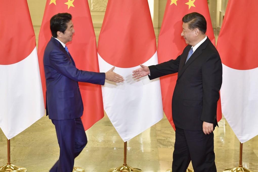 Former Japanese prime minister Shinzo Abe (left) shake hands with President Xi Jinping in Beijing in December 2019. Photo: Kyodo