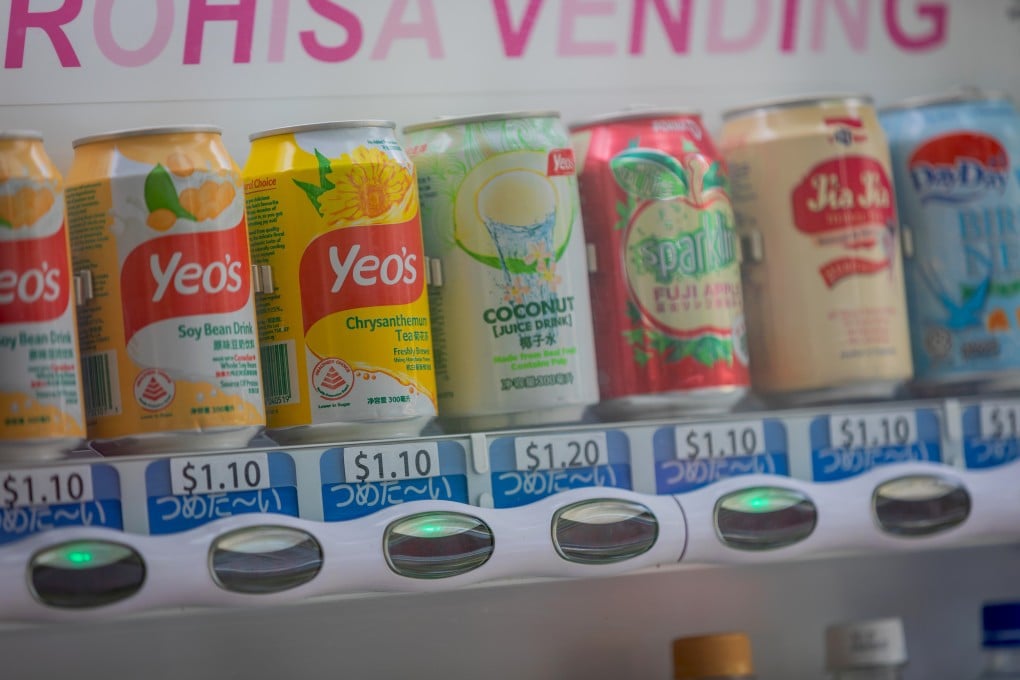 Yeo’s drinks in a vending machine. Yeo Hiap Seng started as a soy sauce factory in China, moved to Singapore, and is now a global food and drinks manufacturer. Photo: Kiat Tan Wei Jie