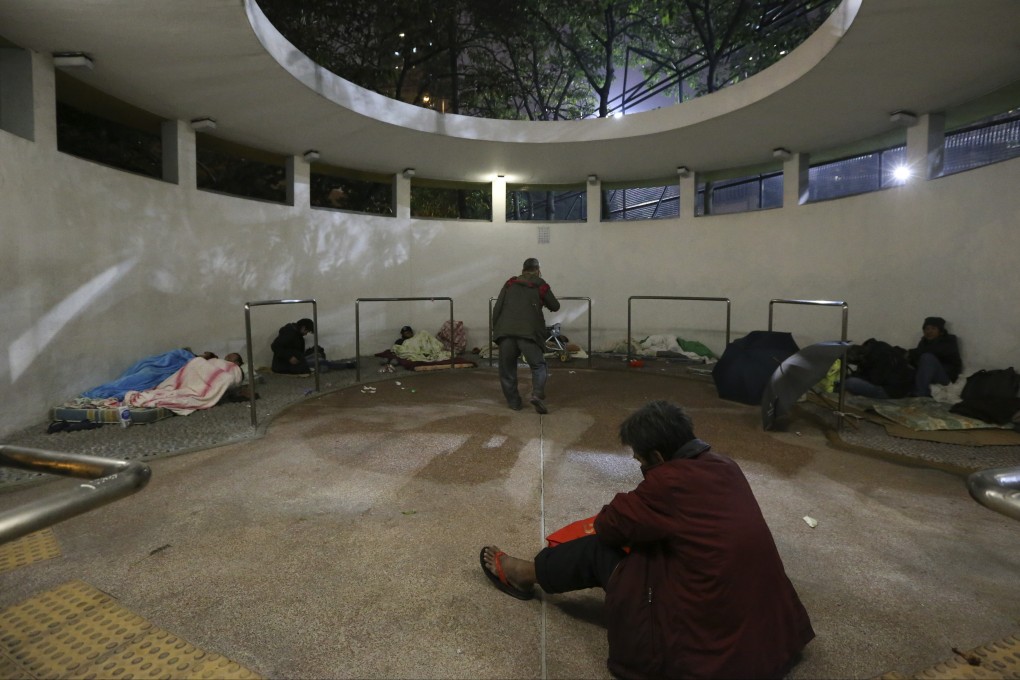 Homeless people camp in a shelter at the Tung Chau Street Park in Sham Shui Po in 2016. Photo: Felix Wong