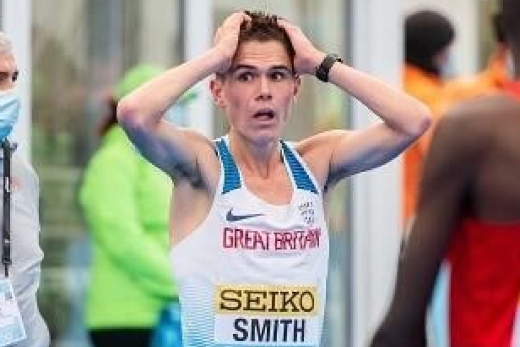 Team GB’s Jake Smith is shocked after learning about his record-breaking time at the World Half Marathon Championships in Poland on Sunday. Photo: Mateusz Slodkowski