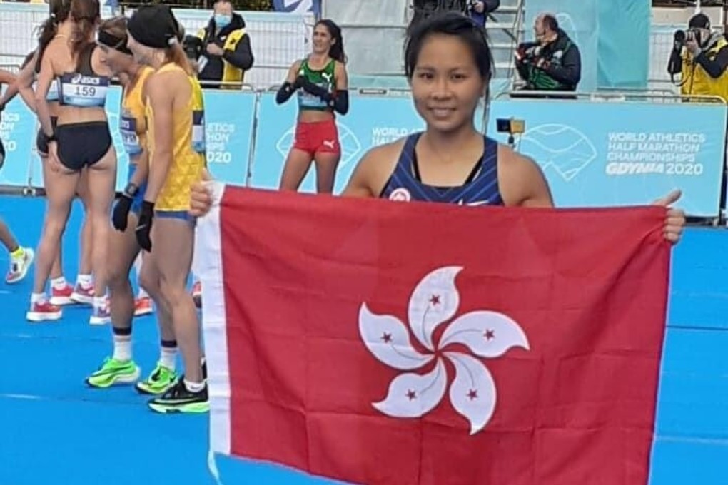 Christy Yiu celebrates after shattering her Hong Kong record at the 2020 IAAF World Half Marathon Championships in Poland. Photo: HKAAA