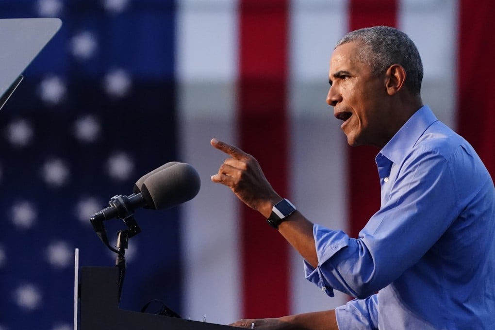 Former US president Barack Obama speaks at Citizens Bank Park in Philadelphia as he campaigns for Democratic presidential candidate Joe Biden on Wednesday. Photo: AP