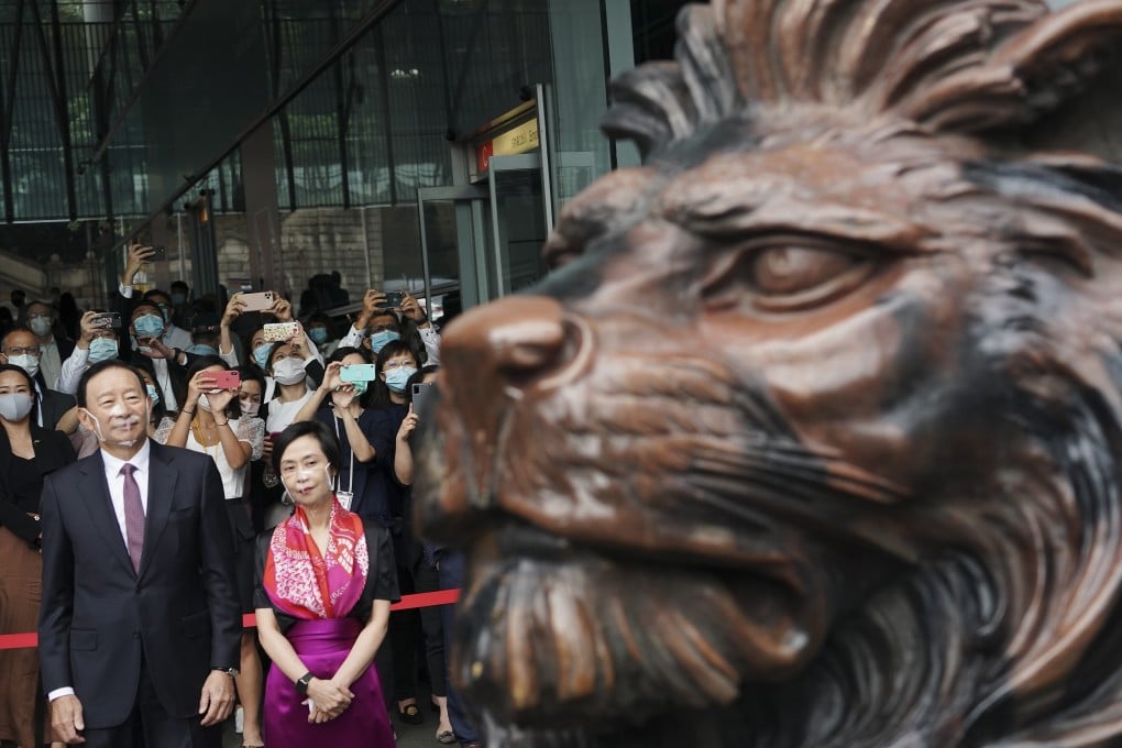 Peter Wong Tung-shun, deputy chairman and chief executive for Asia Pacific and Diana Cesar, CEO for Hong Kong at HSBC attend a blessing ceremony of the iconic lion sculptures at the bank’s headquarters in Central, Hong Kong on October 22, 2020. Photo: Felix Wong