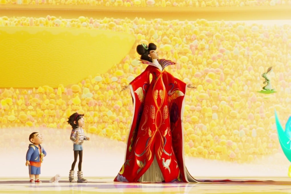 (From left) Chin (voiced in Chinese by Robert G. Chiu), Fei Fei (Cathy Ang), Chang'e (Phillipa Soo), Jade Rabbit and Lunettes in a still from Over the Moon. Photo: Netflix