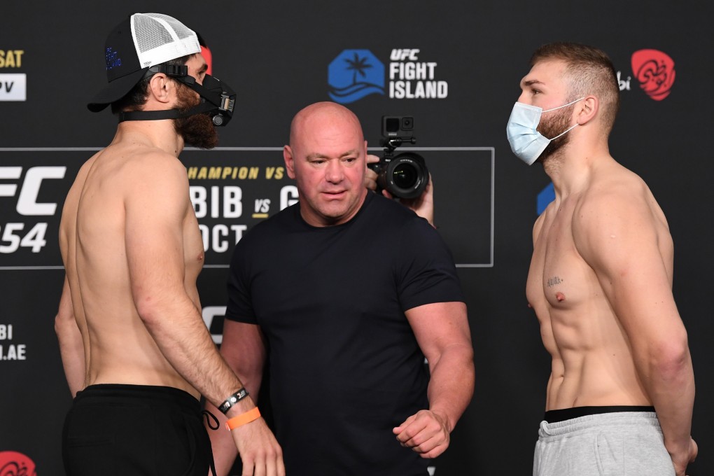 Magomed Ankalaev (left) and Ion Cutelaba face off during the UFC 254 weigh-in on October 23, 2020 on UFC Fight Island, Abu Dhabi, United Arab Emirates. Photo: Josh Hedges/Zuffa LLC