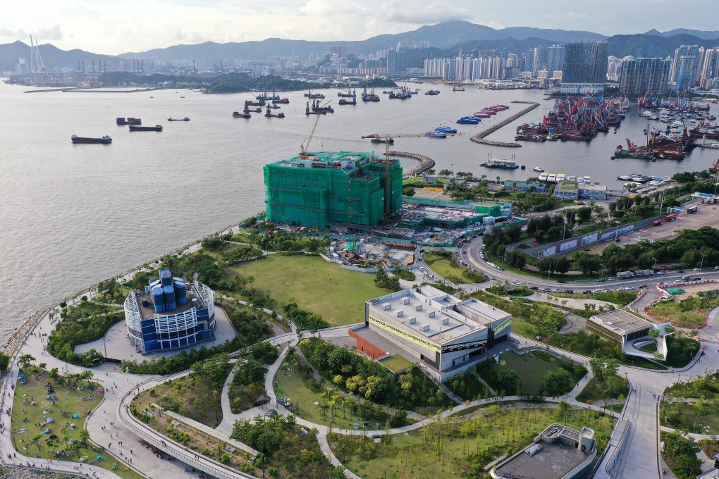 An aerial view of the West Kowloon Cultural District, including Freespace in the foreground and the Hong Kong Palace Museum site in the background. Photo: SCMP Pictures