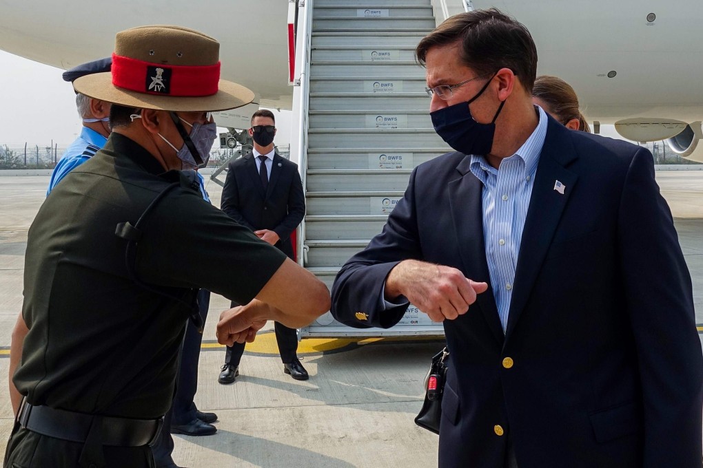 US Secretary of Defence Mark Esper is greeted upon his arrival at Palam Air Force Station. AFP