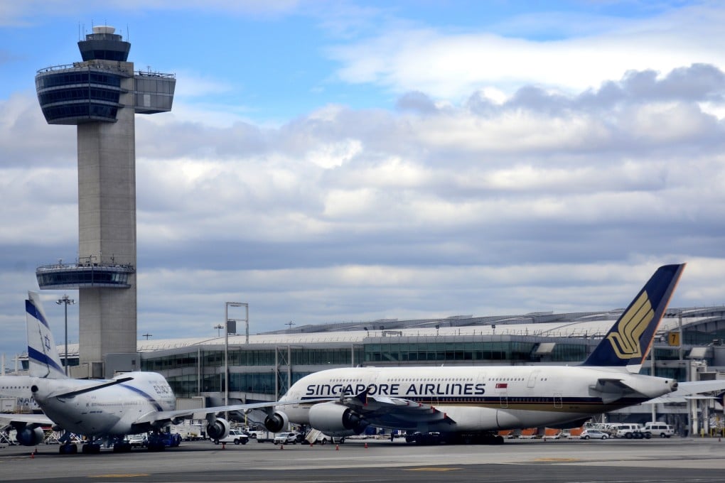 A Singapore Airlines Airbus at John F. Kennedy International Airport in New York. The Singapore-New York flight is the world’s longest by nautical miles, but the airline reserves that title for its route to nearby Newark on the grounds the latter’s scheduled flight time is longer than that to JFK. Photo: Robert Alexander/Getty Images