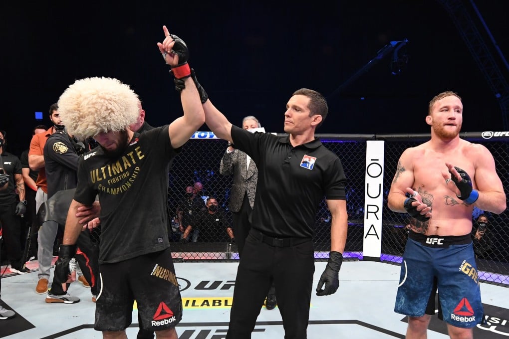 Khabib Nurmagomedov celebrates his victory over Justin Gaethje in their lightweight title bout at UFC 254 in Abu Dhabi, United Arab Emirates. Photo: Josh Hedges/Zuffa LLC via Getty Images