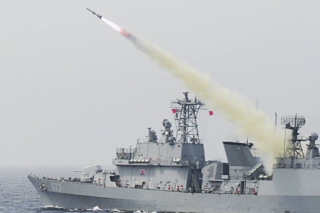 A South Korean destroyer fires a Harpoon anti-ship missile in July 2017. The Harpoons in the proposed sale to Taiwan are intended to be launched from ground-mobile launchers. Photo: South Korean Navy handout via EPA