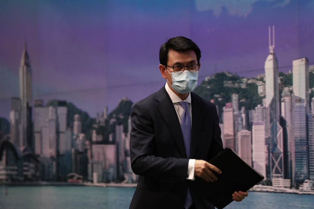 Secretary for Commerce and Economic Development Edward Yau Tang-wah announcing plans for Covid-19 travel bubble deal with Singapore. Photo: SCMP / Jonathan Wong