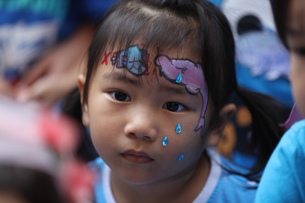 A girl protesting against the Lantau reclamation project sports a painting of an island and a pink dolphin on her forehead on October 14, 2018. Photo: Edward Wong