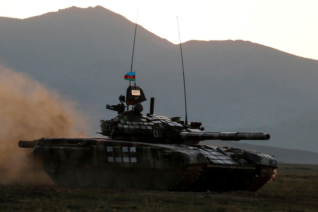 An Azerbaijani tank takes part in a training exercise near the city of Ganja, Azerbaijan on Friday. Photo: Reuters