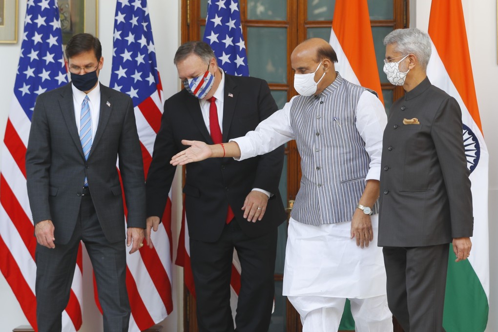 From left: Secretary of Defence Mark Esper and Secretary of State Mike Pompeo from the US, with Defence Minister Rajnath Singh and Foreign Minister S. Jaishankar from India. Photo: AFP