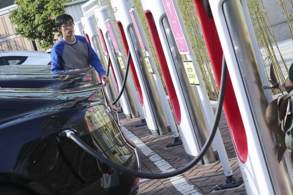 A Tesla charging station at Hong Kong’s Science Park, in Tai Po. Photo: K. Y. Cheng