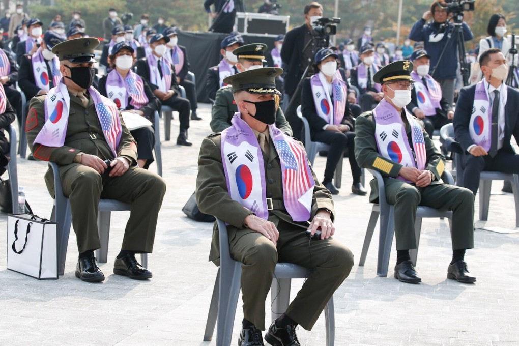 Bradley James, commander of the US Marine Corps in South Korea (left) attends a ceremony for the 70th anniversary of the Korean war at the Korean War Memorial Museum in Seoul, South Korea, on 27 October 2020. Photo: EPA-EFE