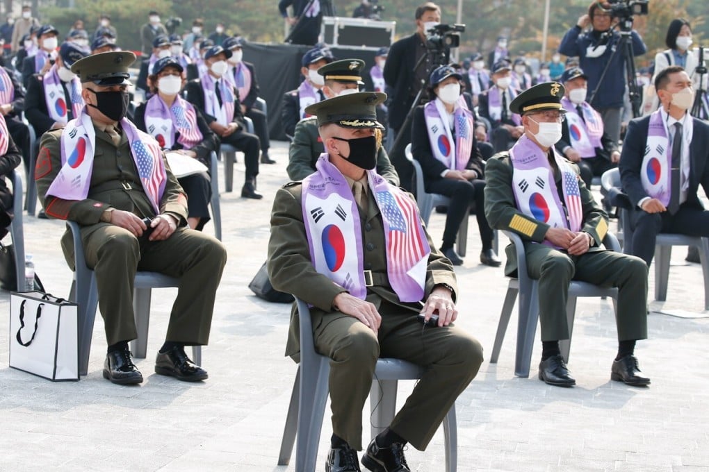 Bradley James, commander of the US Marine Corps in South Korea (left) attends a ceremony for the 70th anniversary of the Korean war at the Korean War Memorial Museum in Seoul, South Korea, on 27 October 2020. Photo: EPA-EFE