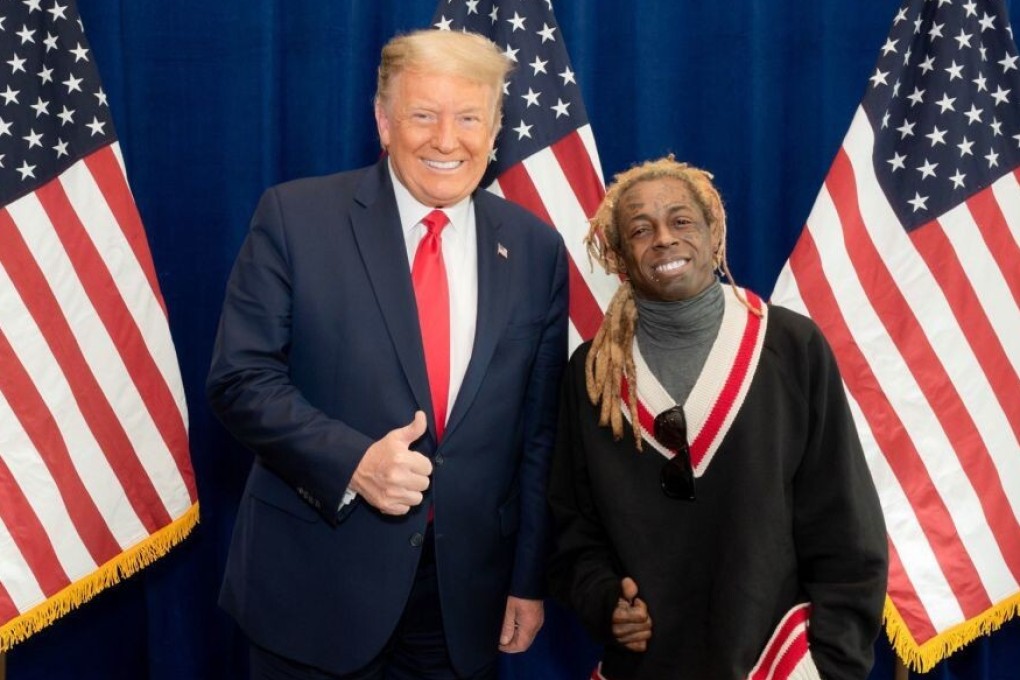 US President Donald Trump with Lil Wayne last week. Lil Wayne became the latest prominent rapper to endorse Trump for re-election, but other hip hop stars like 50 Cent and Ice Cube are not fans. Credit: Twitter/Lil Wayne