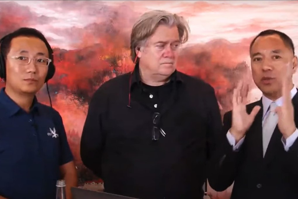 John Pan (left) pictured during a live stream with Steve Bannon and Guo Wengui last year. Photo: Handout