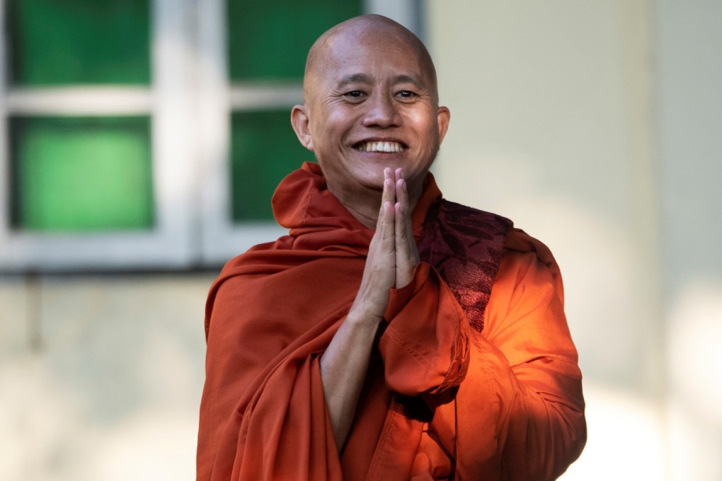 Fugitive Buddhist nationalist monk Wirathu hands himself in at a police station in Yangon, Myanmar, on Monday. Photo: Reuters