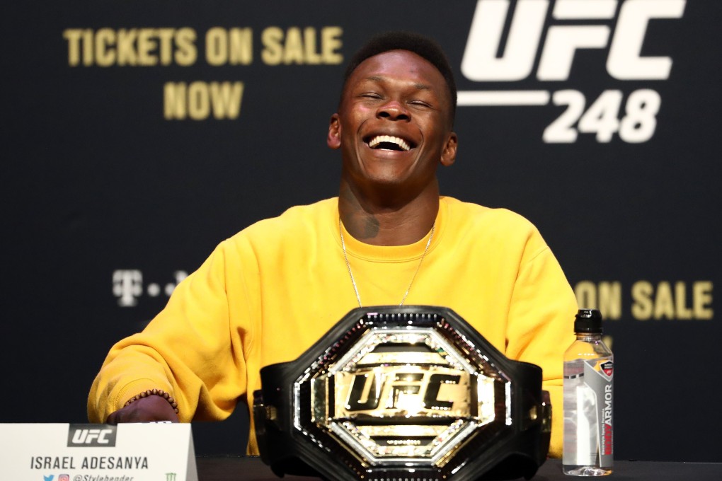 Israel Adesanya at a press conference for UFC 248. Photo: AFP