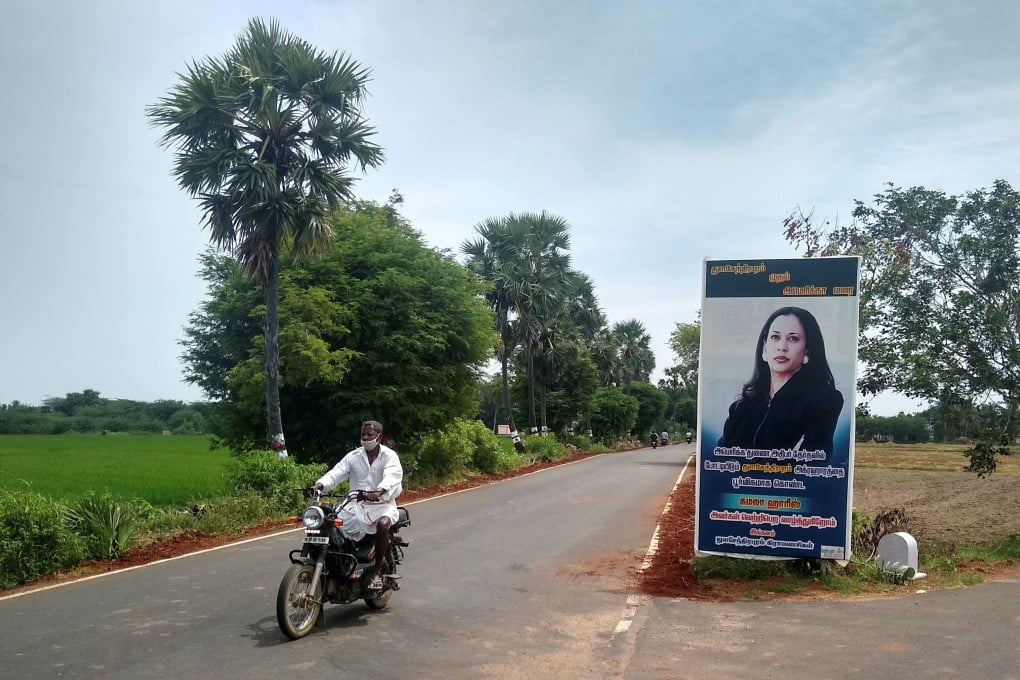 A banner featuring US Democratic vice-presidential nominee Kamala Harris at the entrance to the village of Thulasendrapuram, where Harris' maternal grandfather was born and grew up, in the southern Indian state of Tamil Nadu. Photo: Reuters