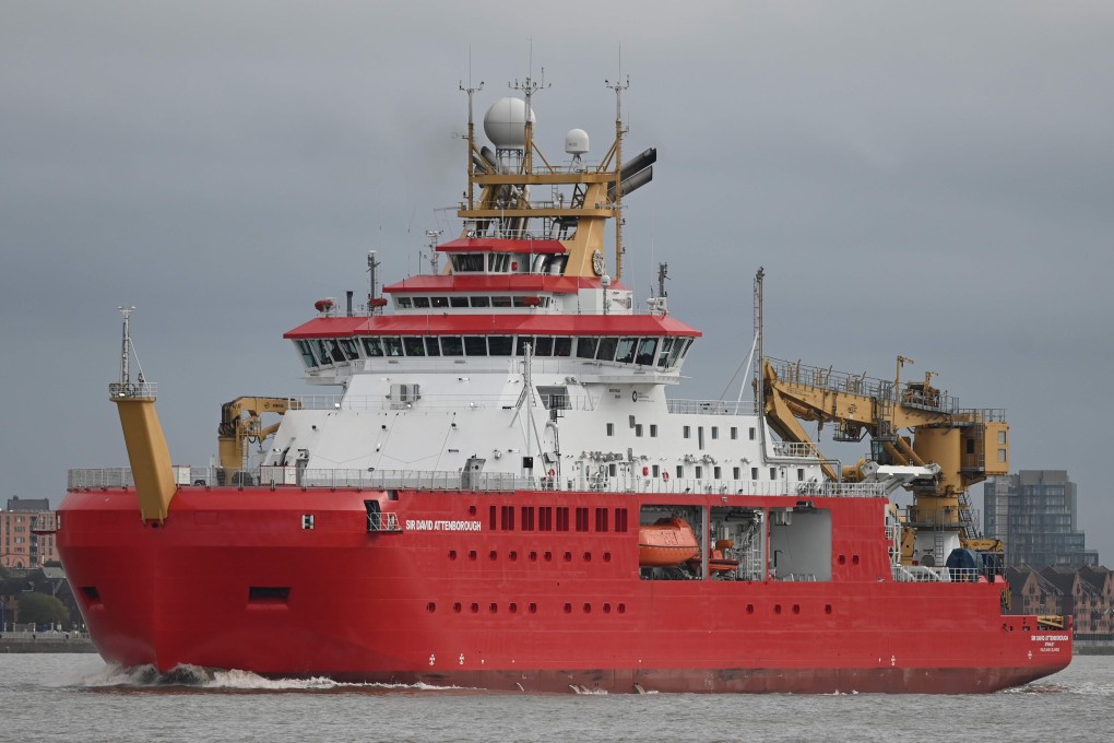 The RRS Sir David Attenborough sails on the River Mersey after leaving Cammell Laird shipyard ahead of technical sea trials. Photo: AFP