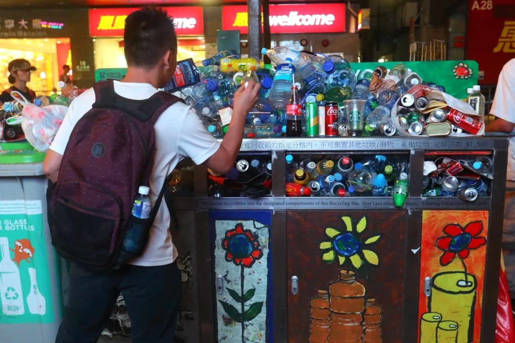 A recycling bin filled to overflowing in Wan Chai. Hong Kong recycles only 30 per cent of its household waste, with much of the rest ending up in landfills. Photo: Edmond So