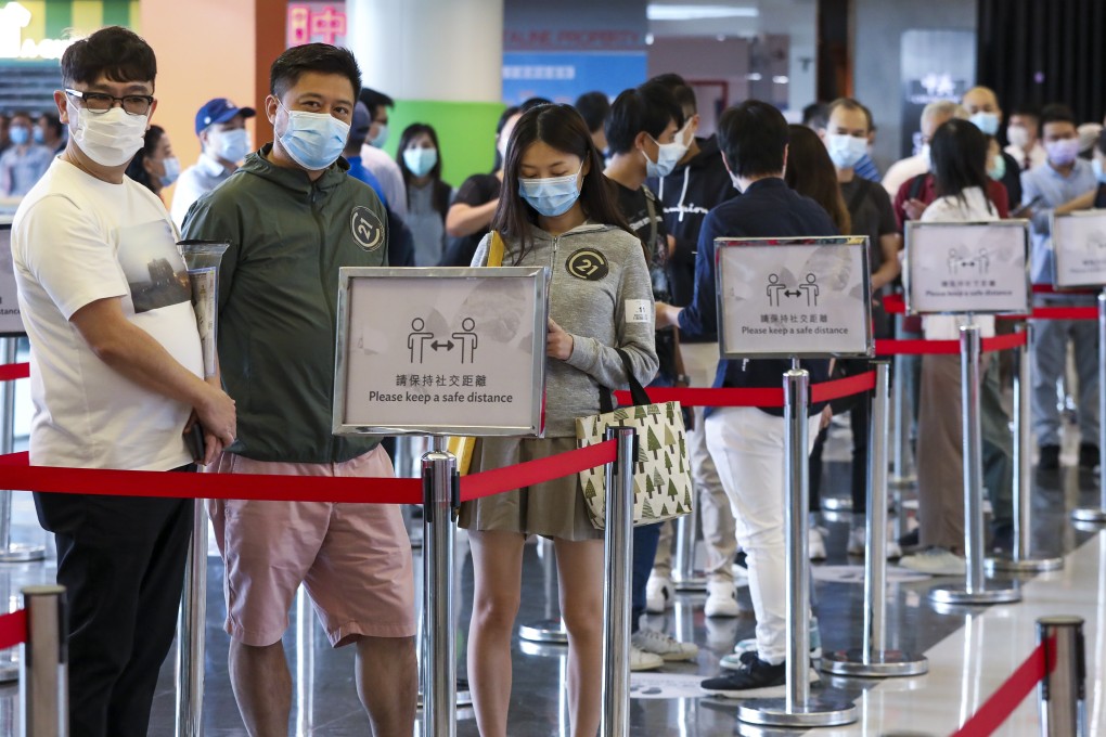 Homebuyers queuing up at New World Development’s sales office in Tsuen Wan for the second sale of The Pavilia Farm in Tai Wai on October 26, 2020. Photo K.Y. Cheng