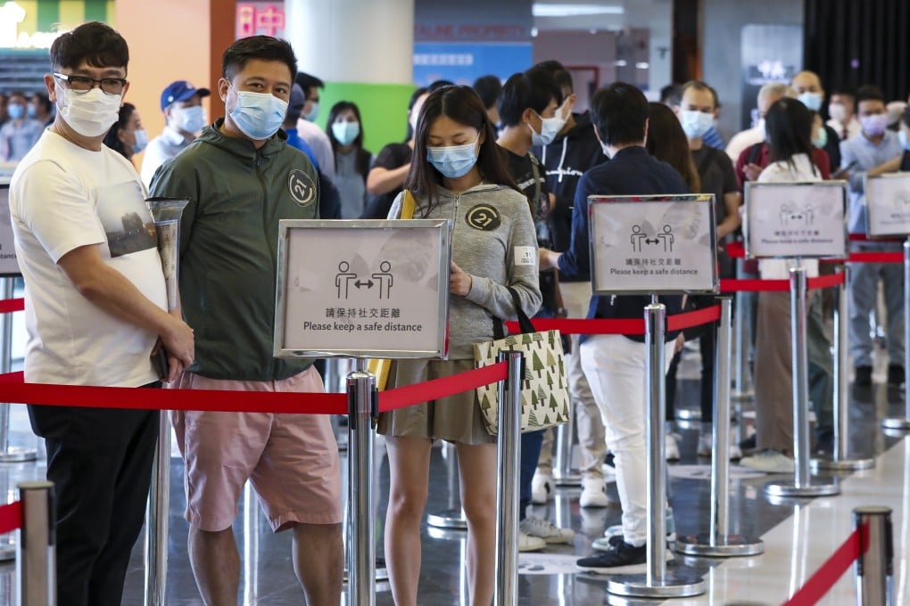 Homebuyers queuing up at New World Development’s sales office in Tsuen Wan for the second sale of The Pavilia Farm in Tai Wai on October 26, 2020. Photo K.Y. Cheng