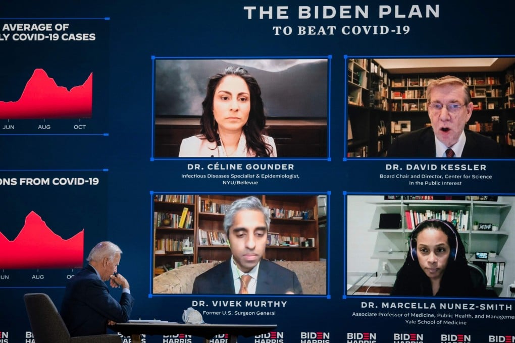 Joe Biden attends a coronavirus briefing on October 28 in Wilmington, Delaware, with participants including Dr David Kessler, Dr Marcella Nunez-Smith and Dr Vivek Murthy. Photo: Getty Images North America via AFP