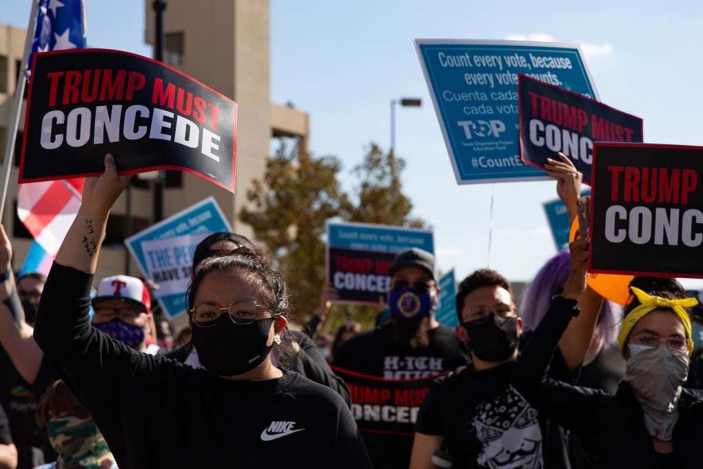 Demonstrators in Dallas, Texas, march to demand that US President Donald Trump concede the election to Joe Biden. Photo: Dallas Morning News/TNS