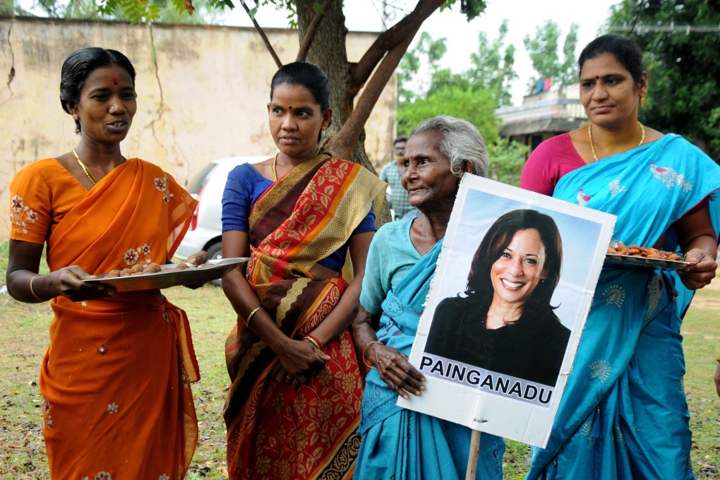 Women gather to celebrate the victory of US vice-president-elect Kamala Harris, in Painganadu, near the village of Thulasendrapuram in the state of Tamil Nadu, where Harris’ maternal grandfather was born. Photo: Reuters