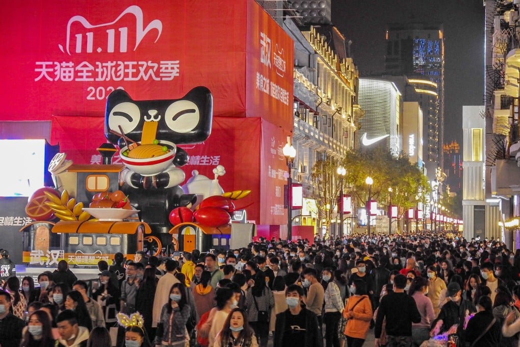 An event launches Tmall’s ‘Singles’ Day’ event in Wuhan, in China’s Hubei province, on November 1. TmallHome will release most coupons and discounted homes on Wednesday. Photo: Getty Images
