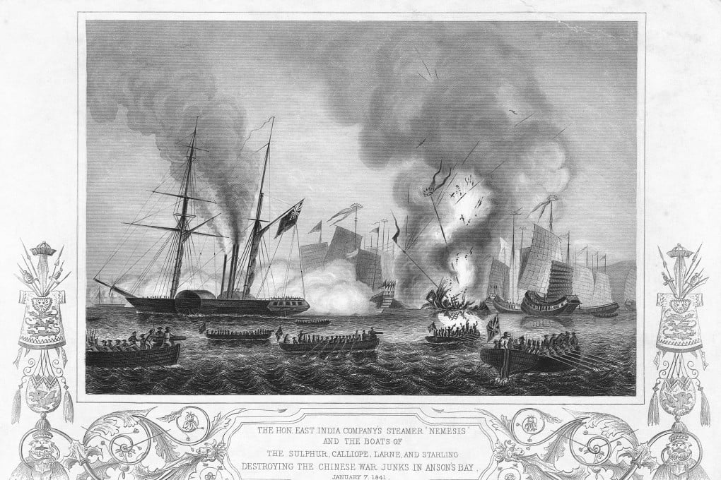 The East India Company steamer Nemesis launches an attack on Chinese war junks during the first opium war. Photo: Hulton-Deutsch Collection