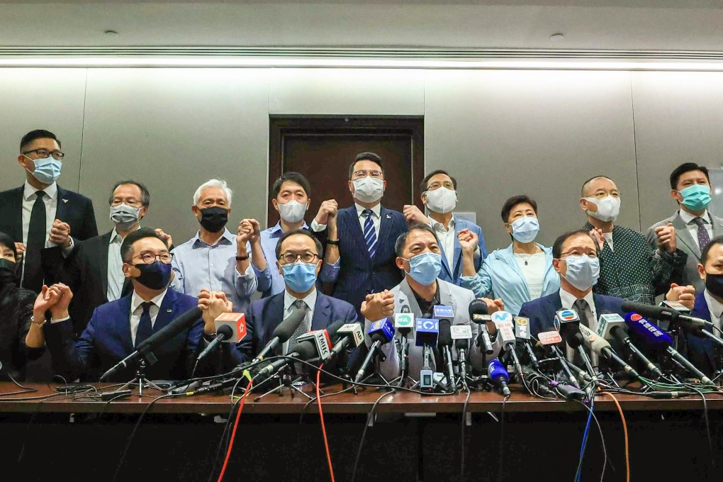 Pro-democracy lawmakers at a press conference at Legislative Council in Tamar. Photo: May Tse