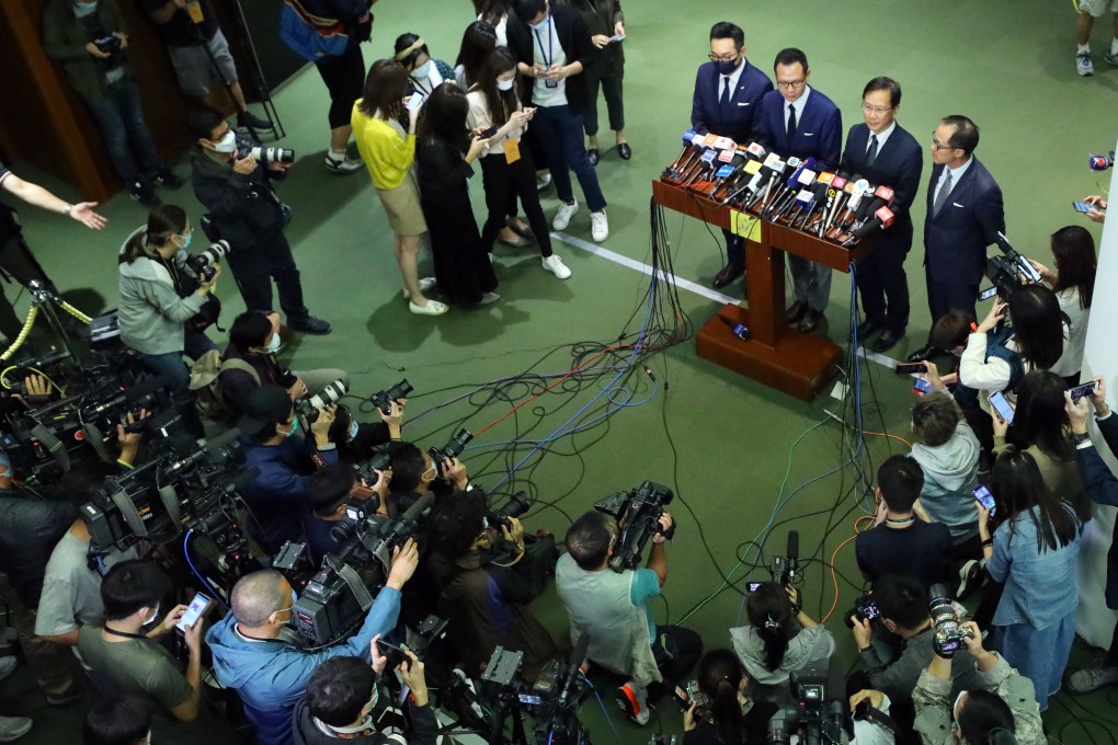 Hong Kong opposition lawmakers (from left) Dennis Kwok, Alvin Yeung, Kwok Ka-ki and Kenneth Leung were immediately disqualified after a Beijing resolution empowering the local government to bypass the courts and unseat politicians. Photo: Dickson Lee