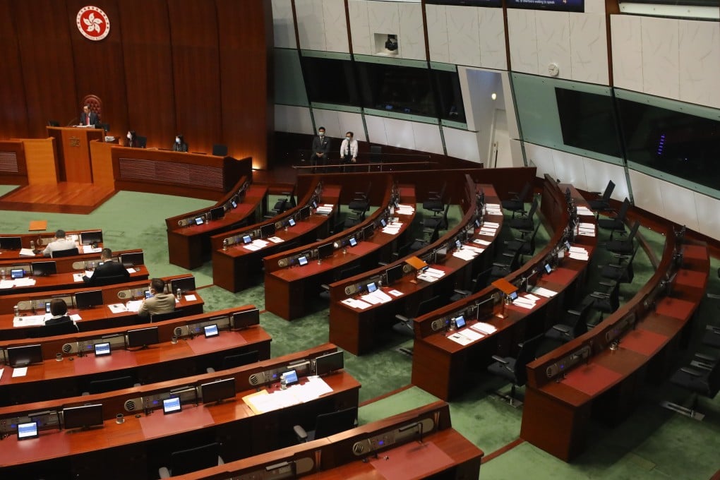 Seats on the pan-democratic side of the Legco chamber sit empty on Thursday after the body’s opposition bloc resigned en masse. Photo: Dickson Lee