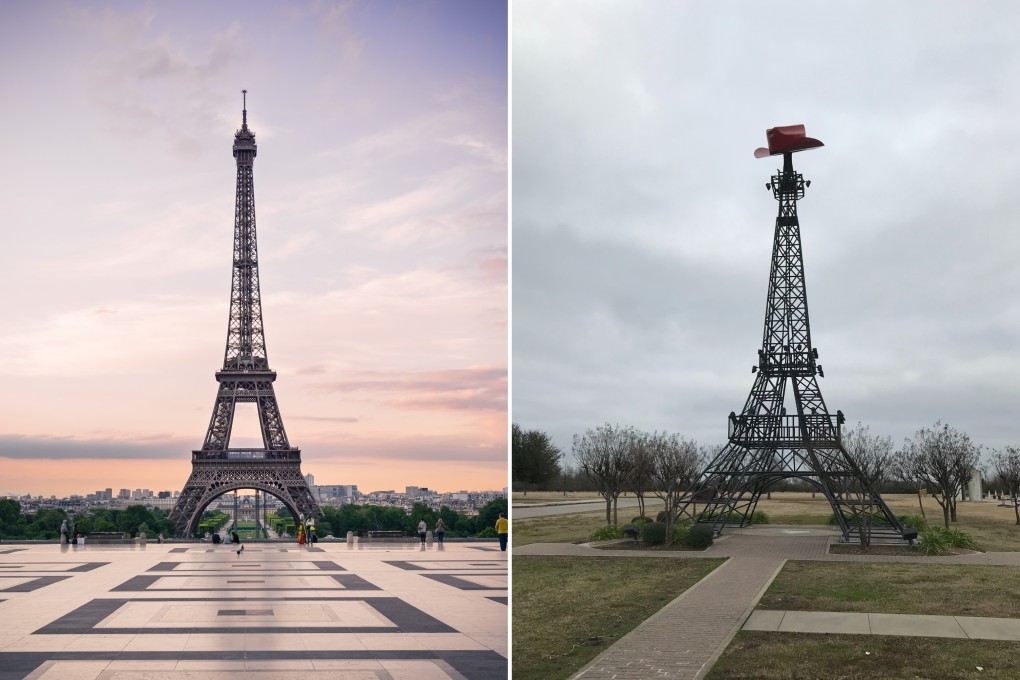 The Eiffel Tower in Paris, France (left), and a much smaller imitation in Paris, Texas, topped with a cowboy hat. Photo: Getty Images