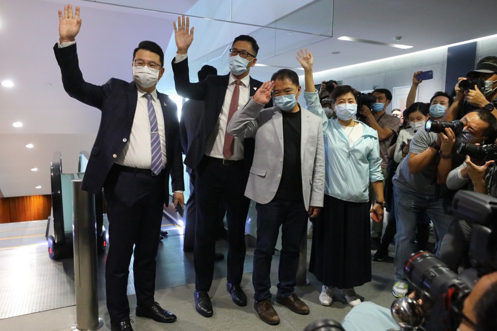 Pan-democratic lawmakers outside the Legislative Council chamber at Tamar. Photo: Dickson Lee