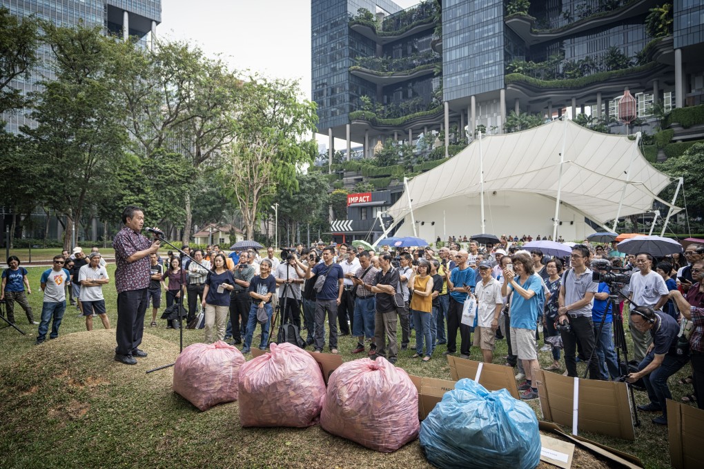 Investors gather in Singapore’s Speaker’s Corner to protest against Hyflux’s debt restructuring plan. Photo: Bloomberg