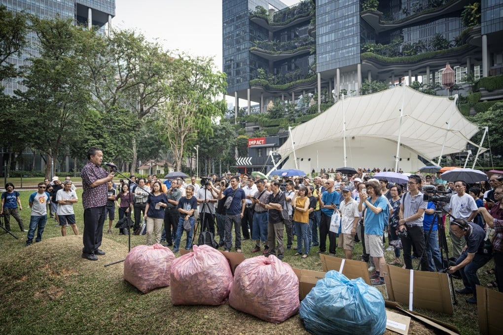 Investors gather in Singapore’s Speaker’s Corner to protest against Hyflux’s debt restructuring plan. Photo: Bloomberg