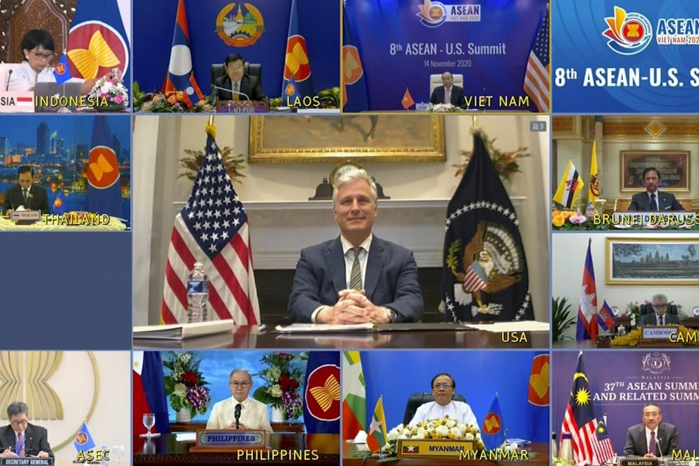US national security adviser Robert O’Brien, centre, speaks with leaders of the Association of Southeast Asian Nations during a virtual summit on Saturday. Photo: AP