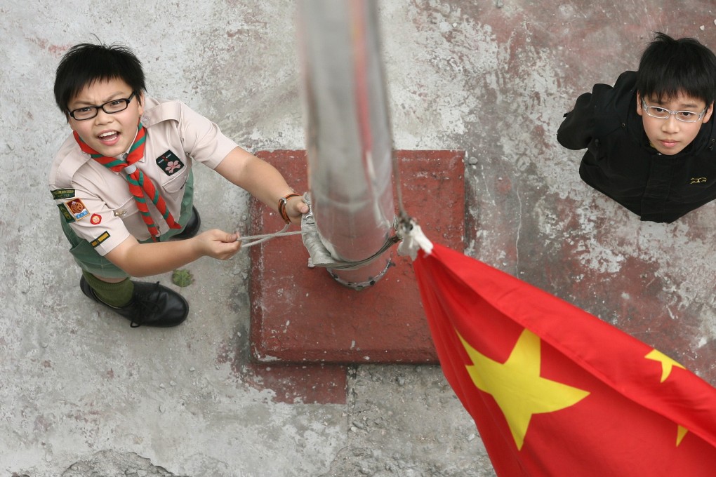(Left to right) Chan Kai-shing and Li Sui-hung, students of St. Bonaventure Catholic Primary School, practise raising the national flag as part of the school's patriotic education activities. St. Bonaventure Catholic Primary School, Diamond Hill. Photo: File