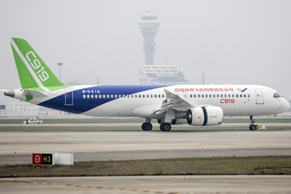 China’s domestically developed Comac C919 taxis after landing at Shanghai’s Pudong International Airport in May 2017. Photo: Bloomberg