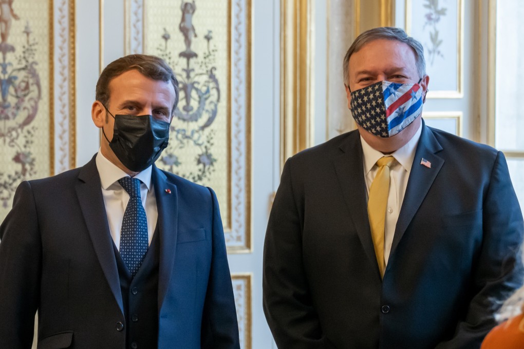 US Secretary of State Mike Pompeo (right) meets French President Emmanuel Macron at the Elysee Palace on Monday. Photo: DPA