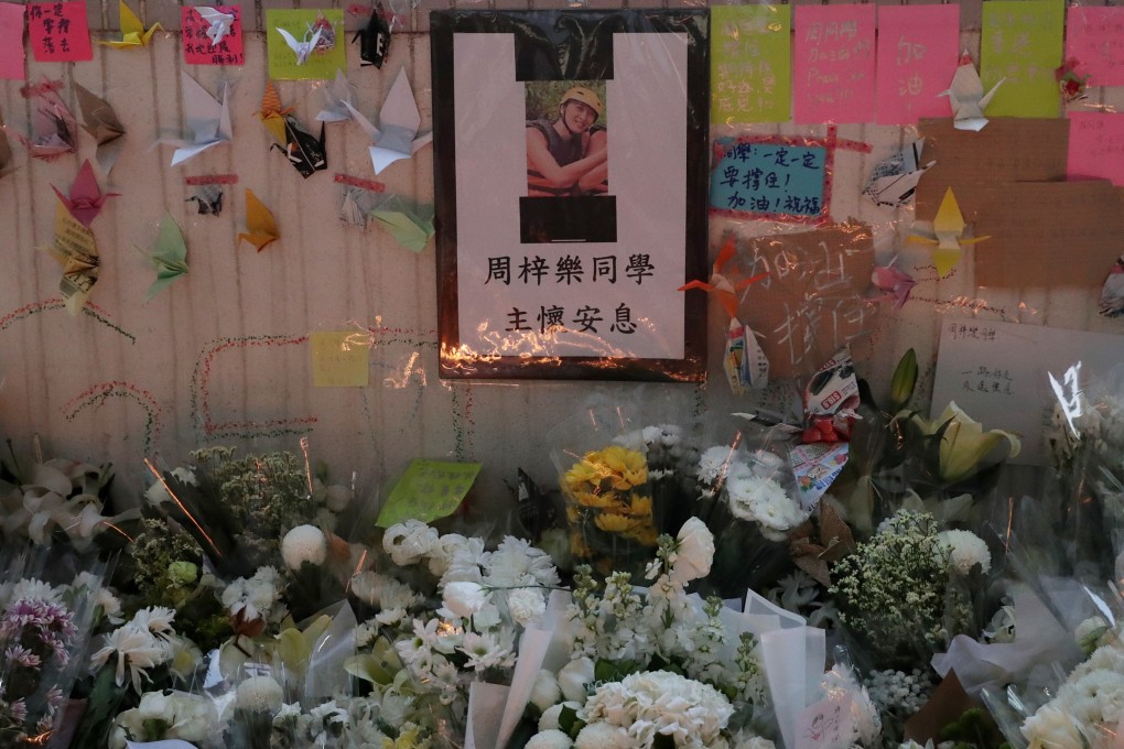 A memorial set up to pay tribute to Alex Chow at the car park in Tseung Kwan O where he fell from one floor to another. Photo: Edmond So